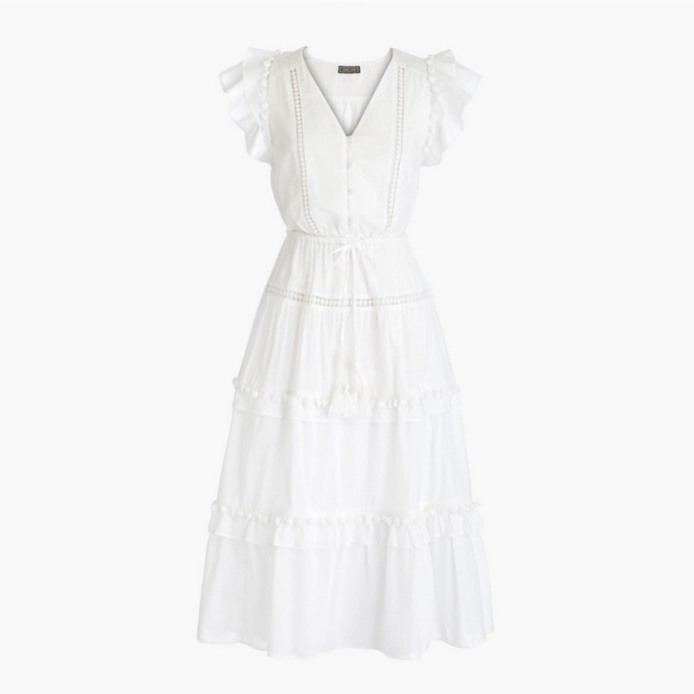 J. Crew white midi tiered pom pom dress